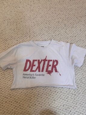 Dexter White cutoff Crop Tee with Red Logo - 0106